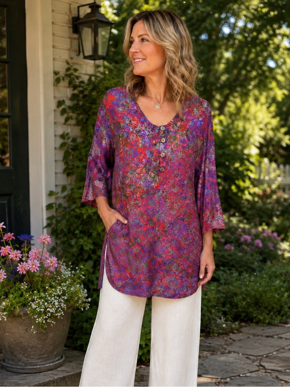 Bali Batiks Hand Painted Resort Wear Rayon Tunic Dress Beaded Floral Large